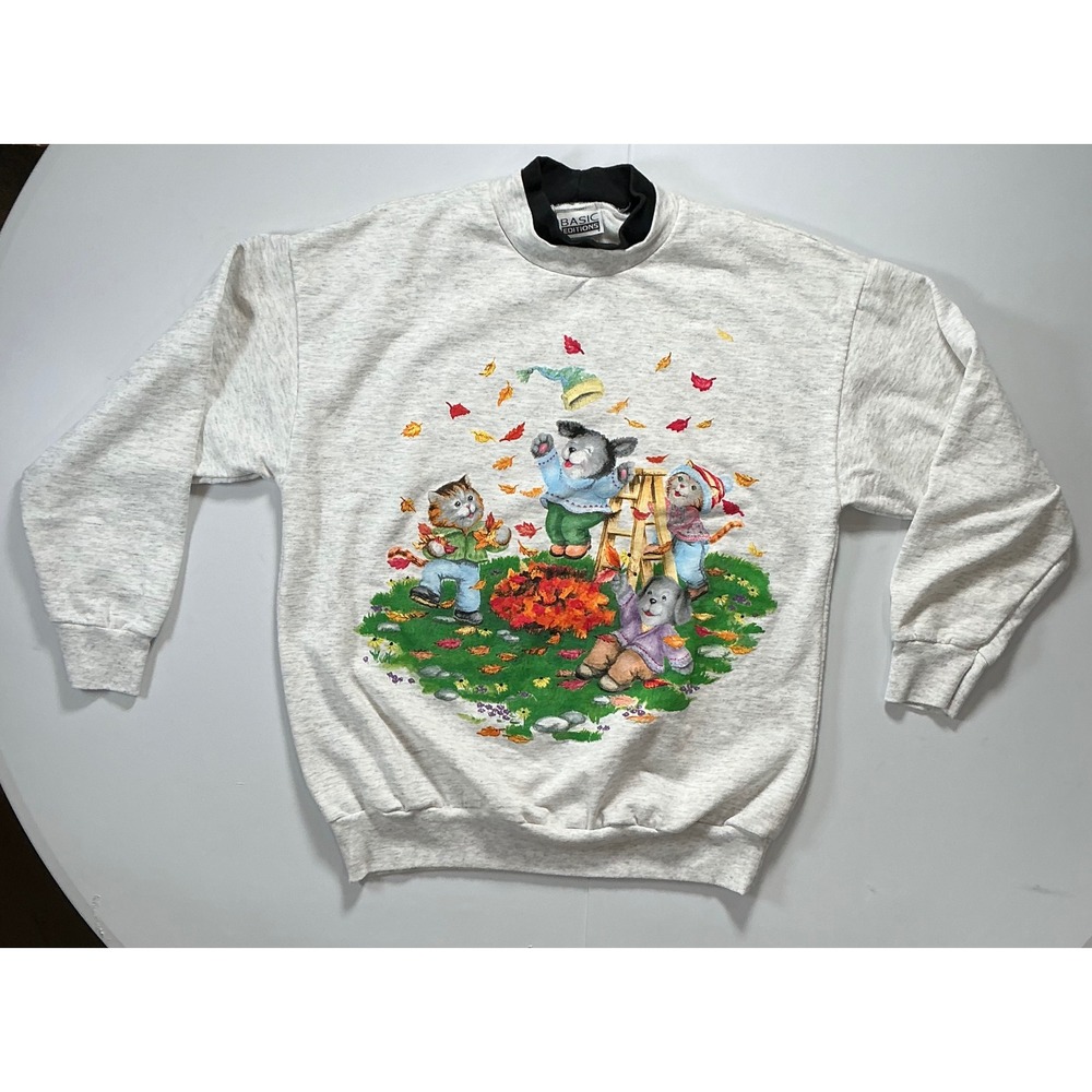 VTG USA Made 90s Autumn Kittens Puppies Fall Sweatshirt Granny Womens M Gray